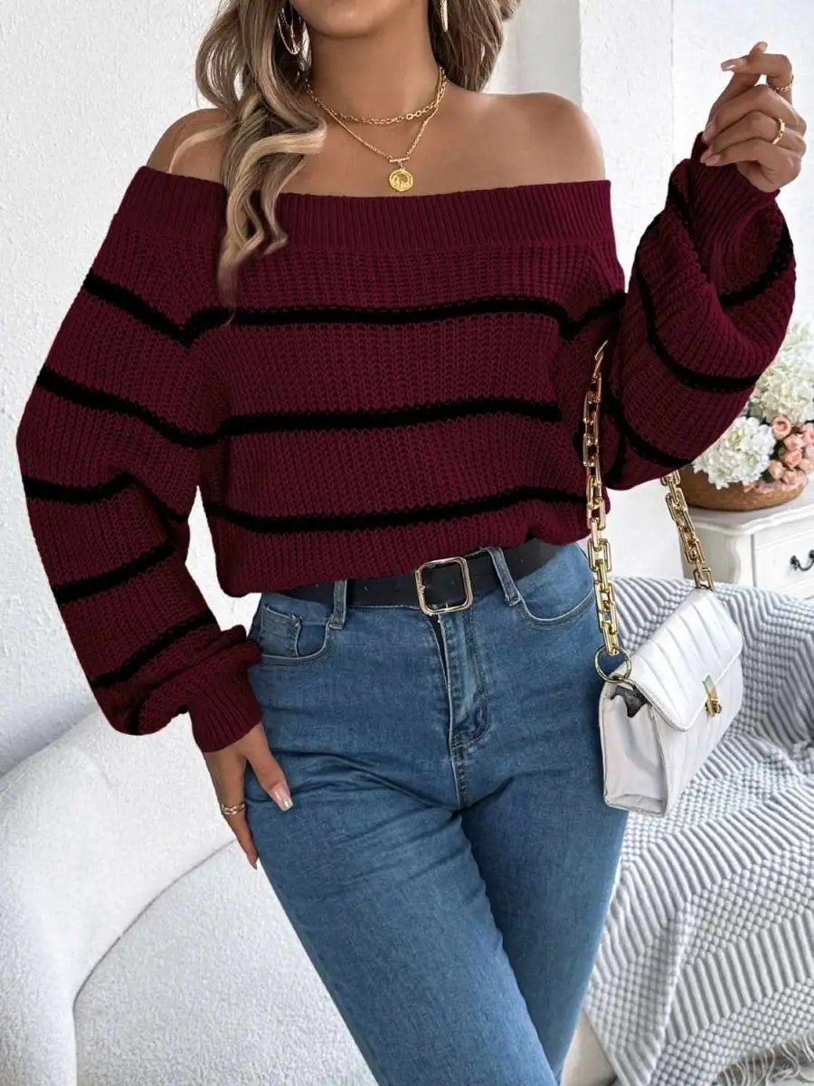 Striped Off-Shoulder Long Sleeve Sweater - Love Salve